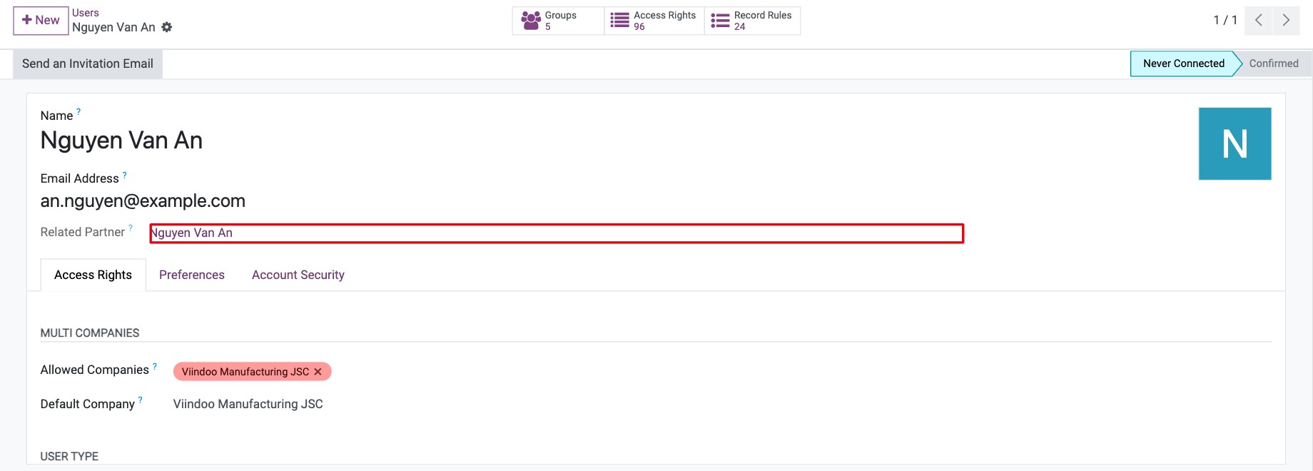 Related Partner field under the email address of a user