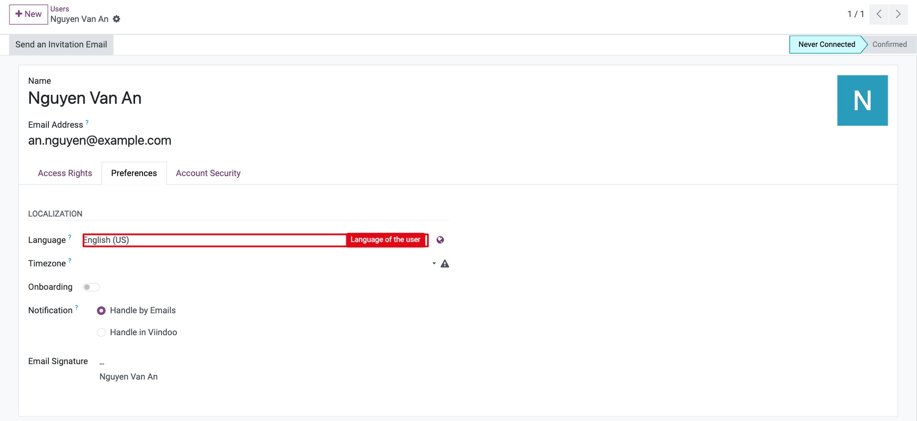 Language field in the Preferences tab of a user