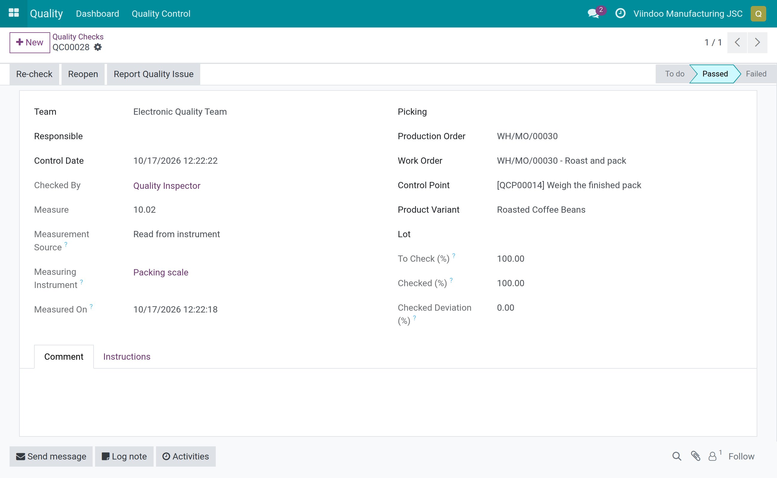 A passed work-order check showing Measurement Source, Measuring Instrument and Measured On