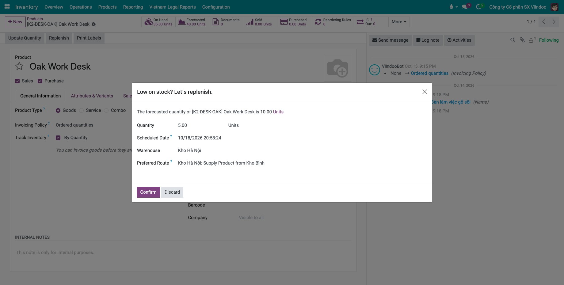 Replenish window with quantity, scheduled date, warehouse and the preferred route