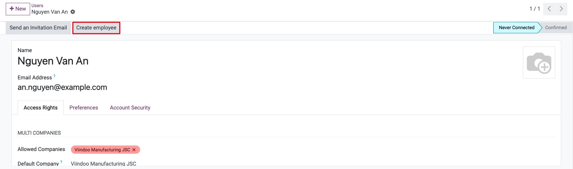 Create employee button at the top of the user form