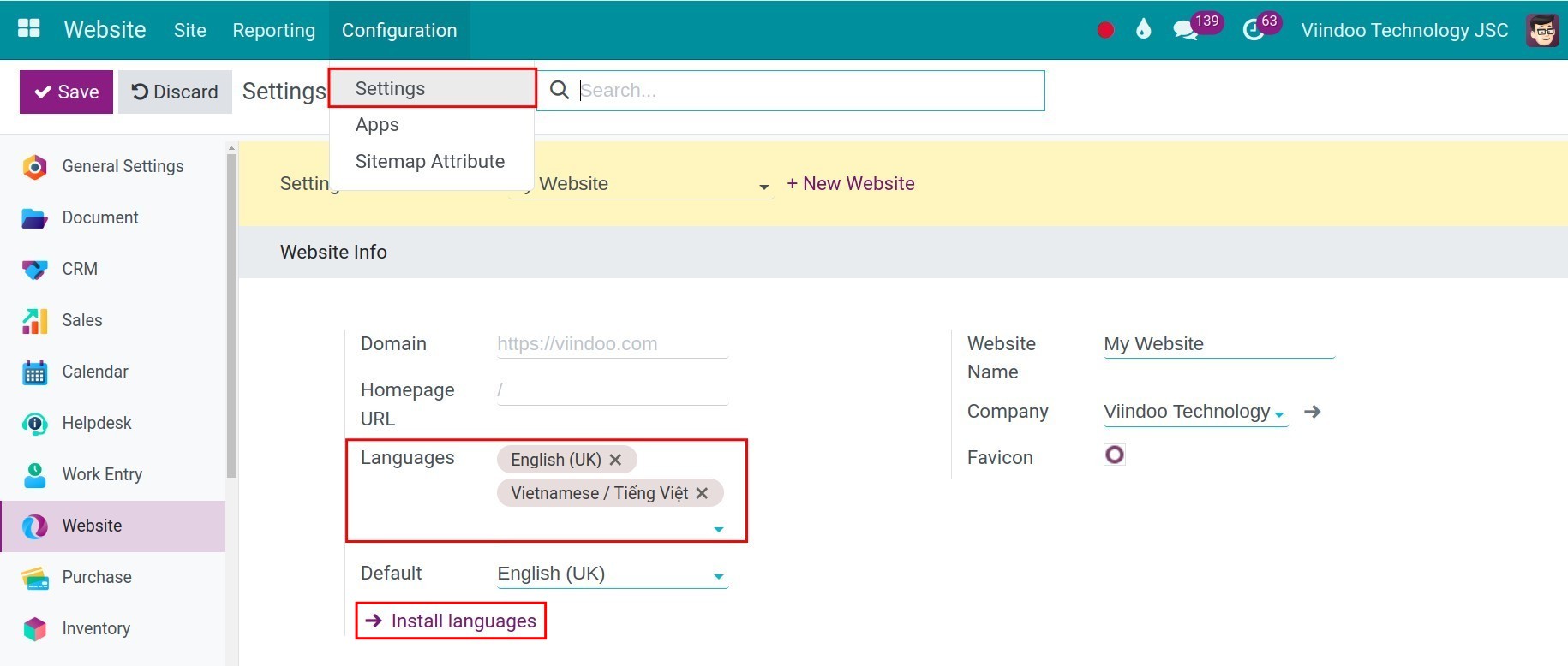 Set up website default language in Viindoo