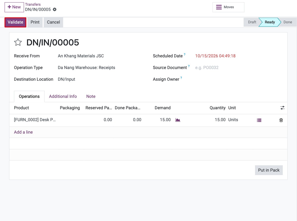 Validate button on a receipt of the cross-dock product