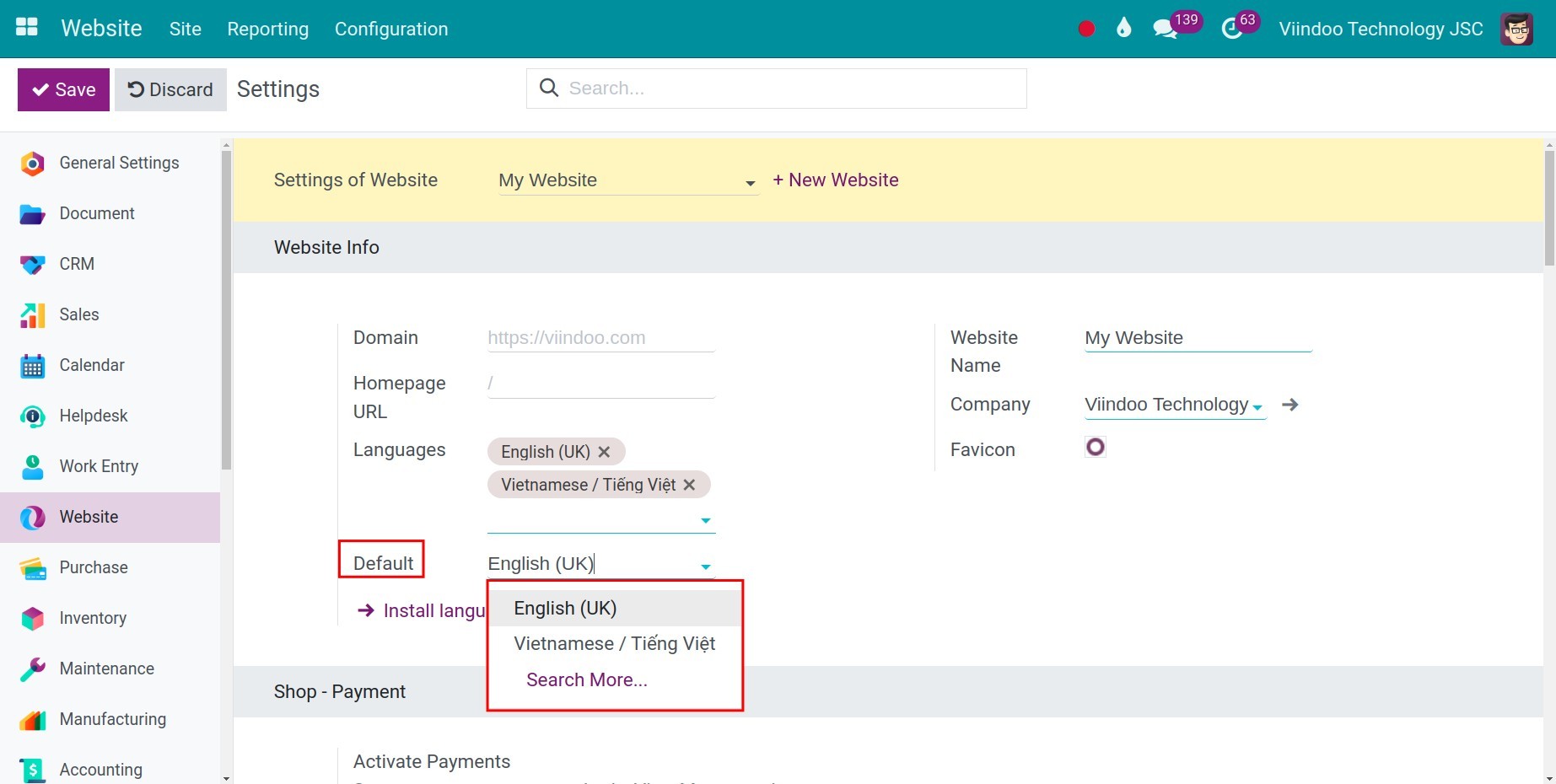 Install a new language for a website in Viindoo