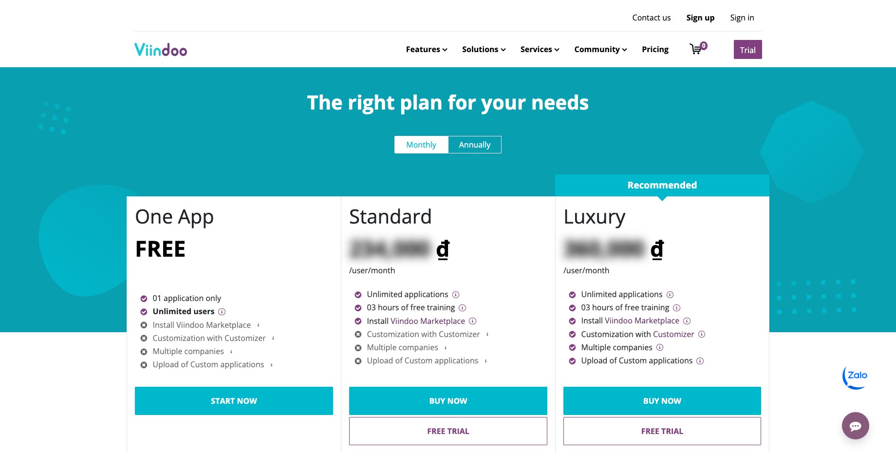 Plans on the viindoo.com Pricing page