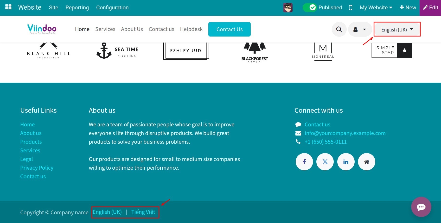 Language selector on Viindoo website