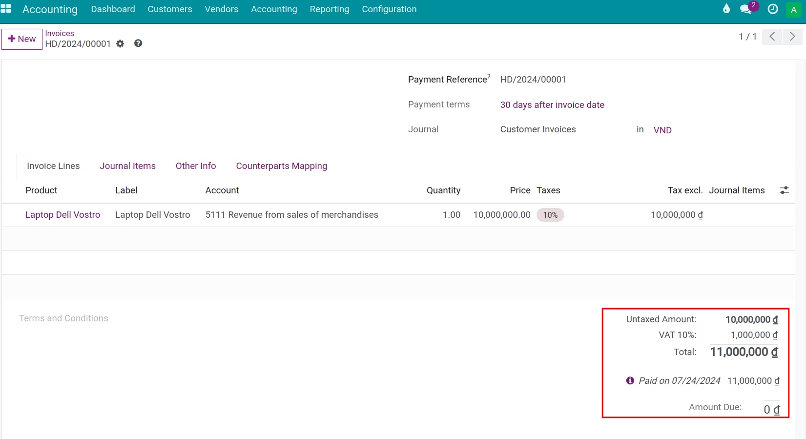 Fully paid invoice - Viindoo accounting software