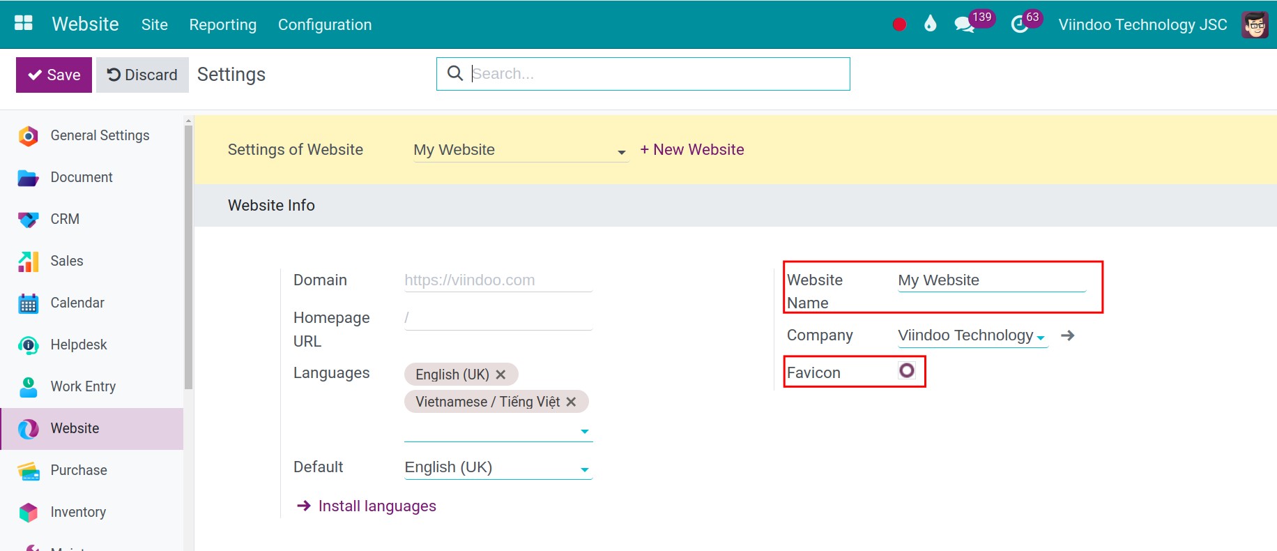 Name and favicon configuration in Viindoo Website