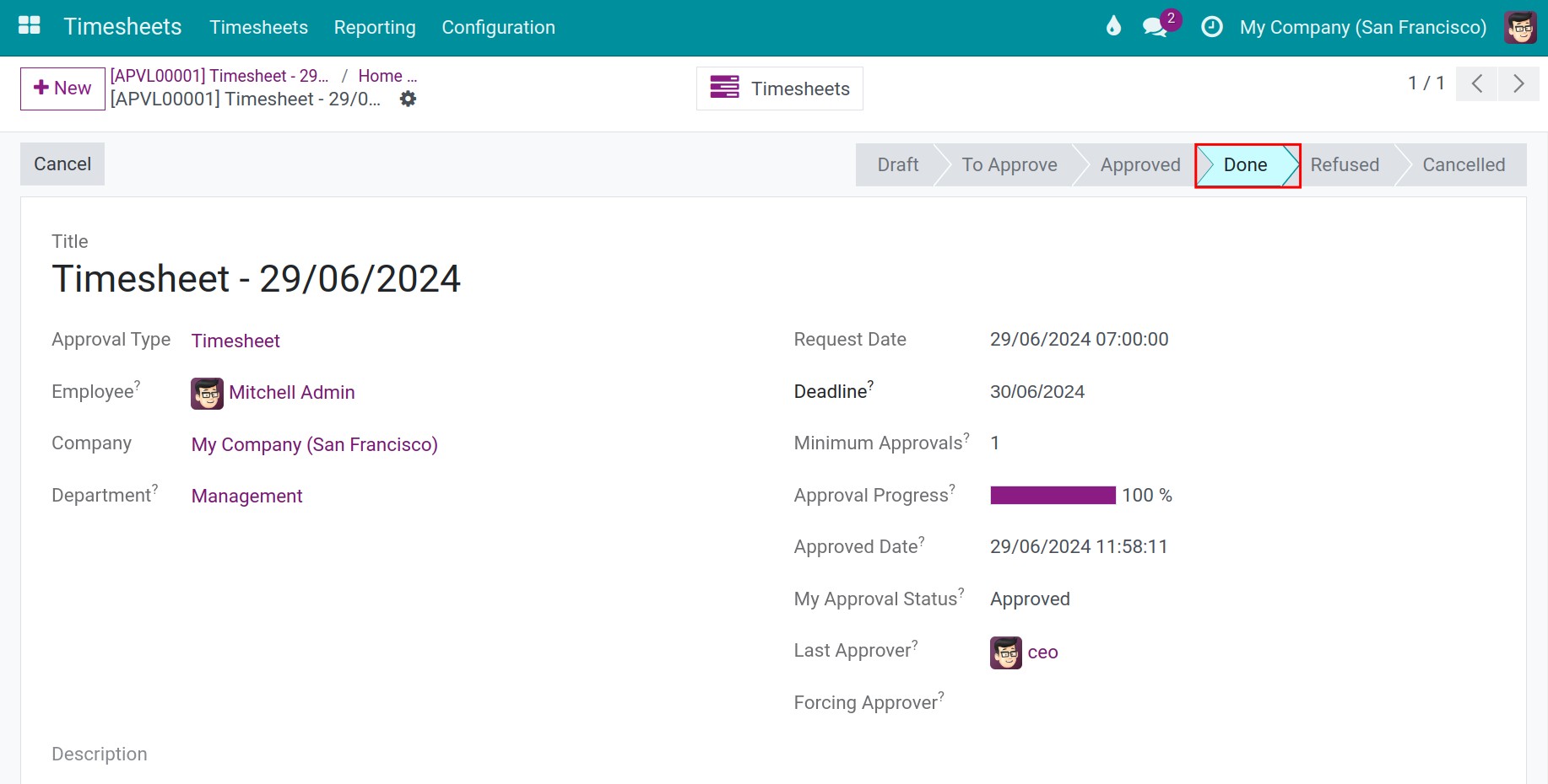 click done timesheet approval request