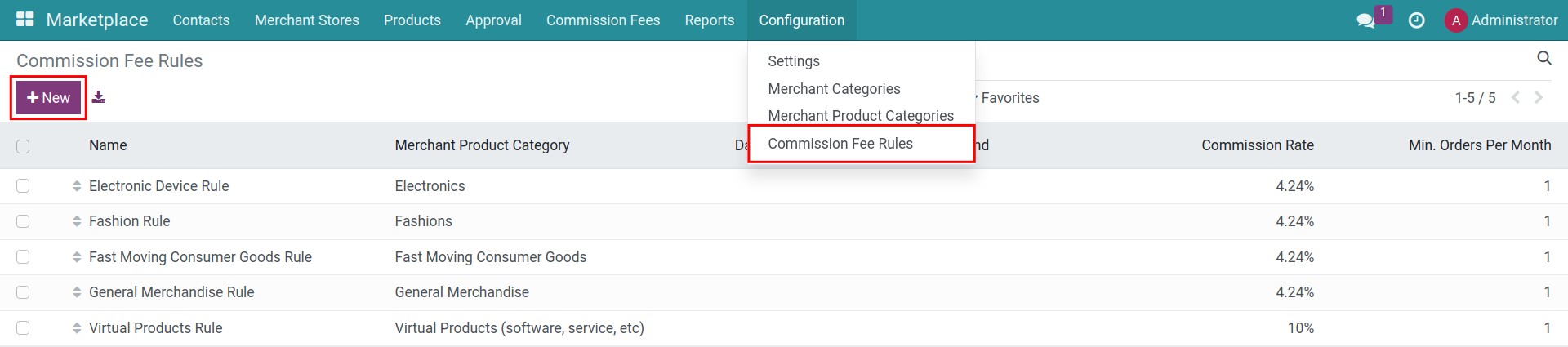 Create commission fee rule