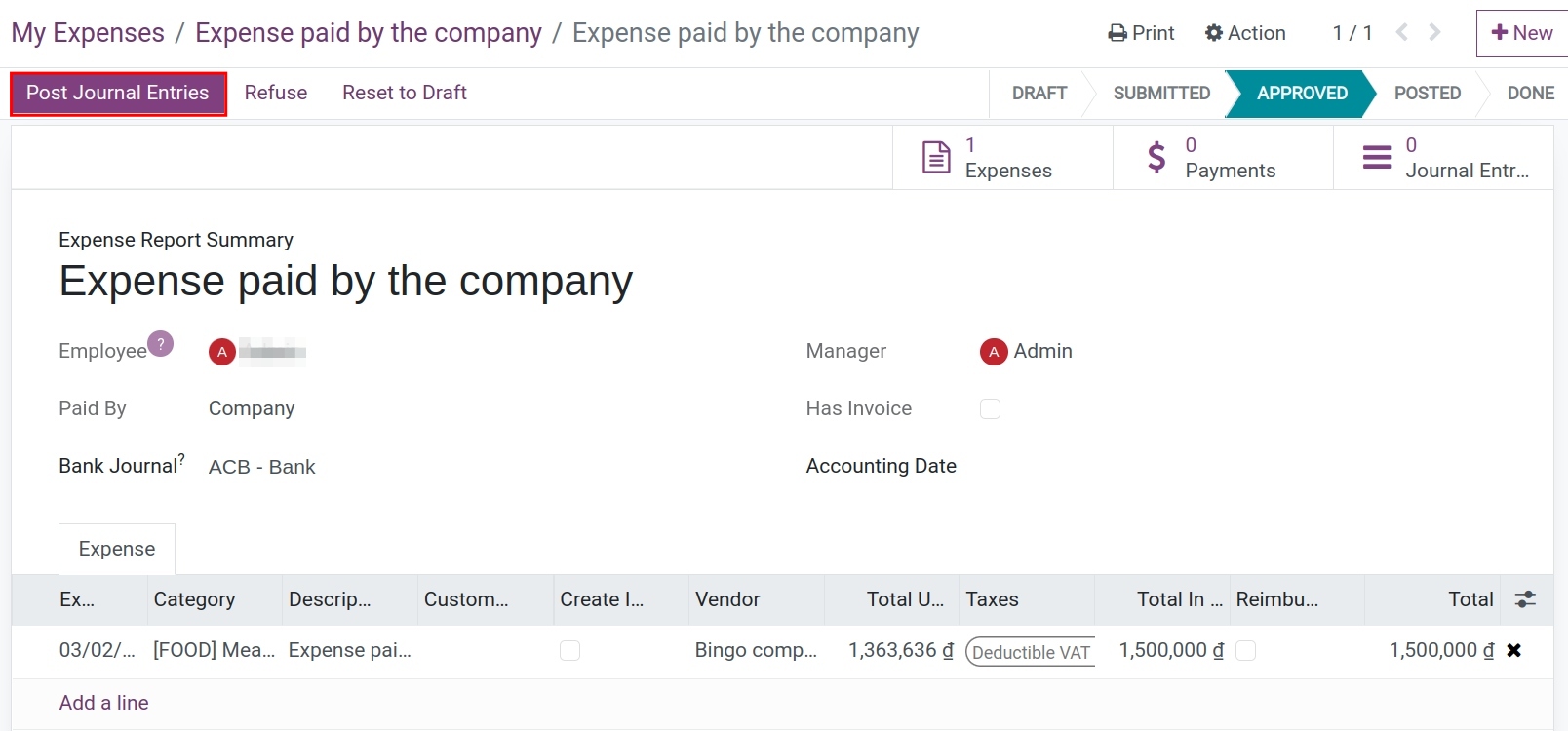 Select the journal with the paid by the company feature