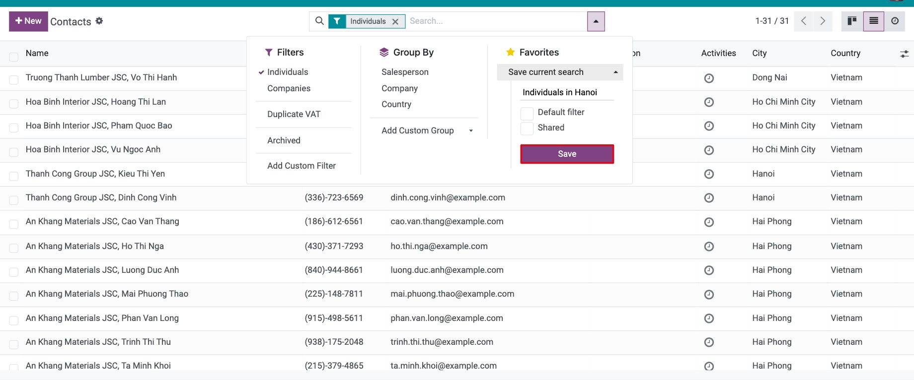 Save current search with the Default filter and Shared options