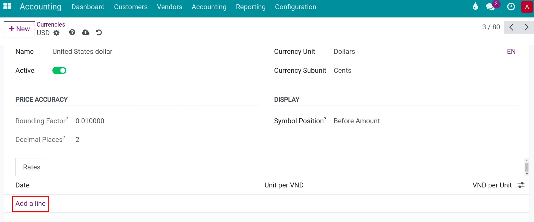 Exchange rate on a foreign currency Viindoo