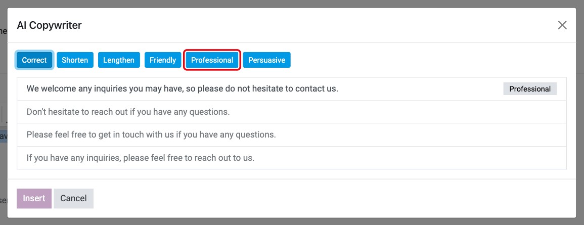 AI Copywriter window with alternative texts and style buttons