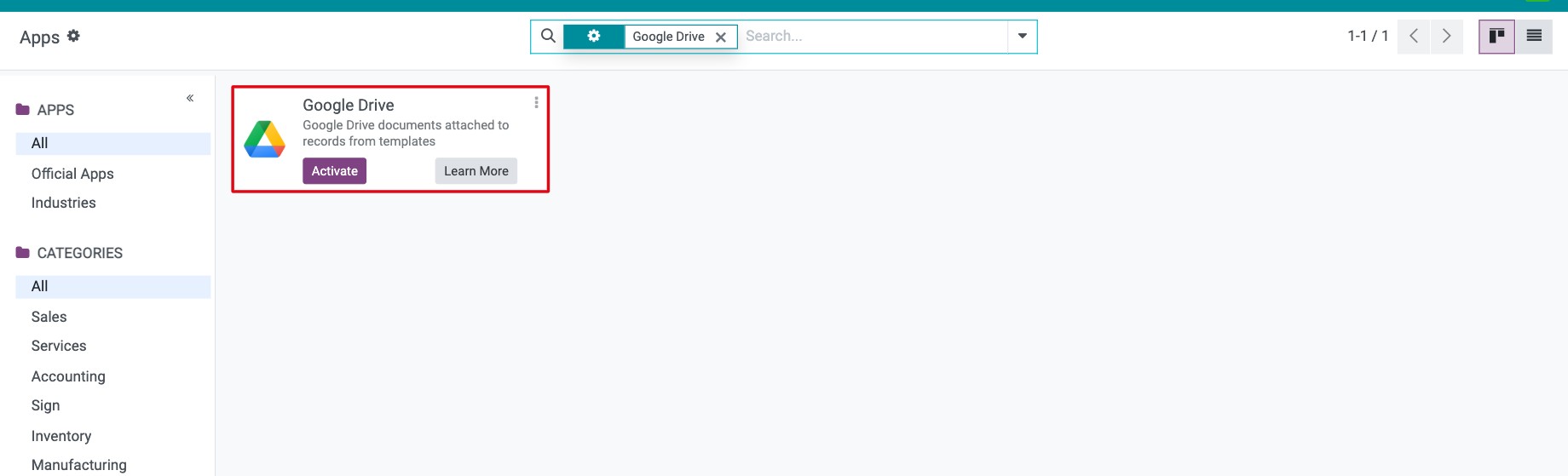 Google Drive app in the Apps list with the Install button