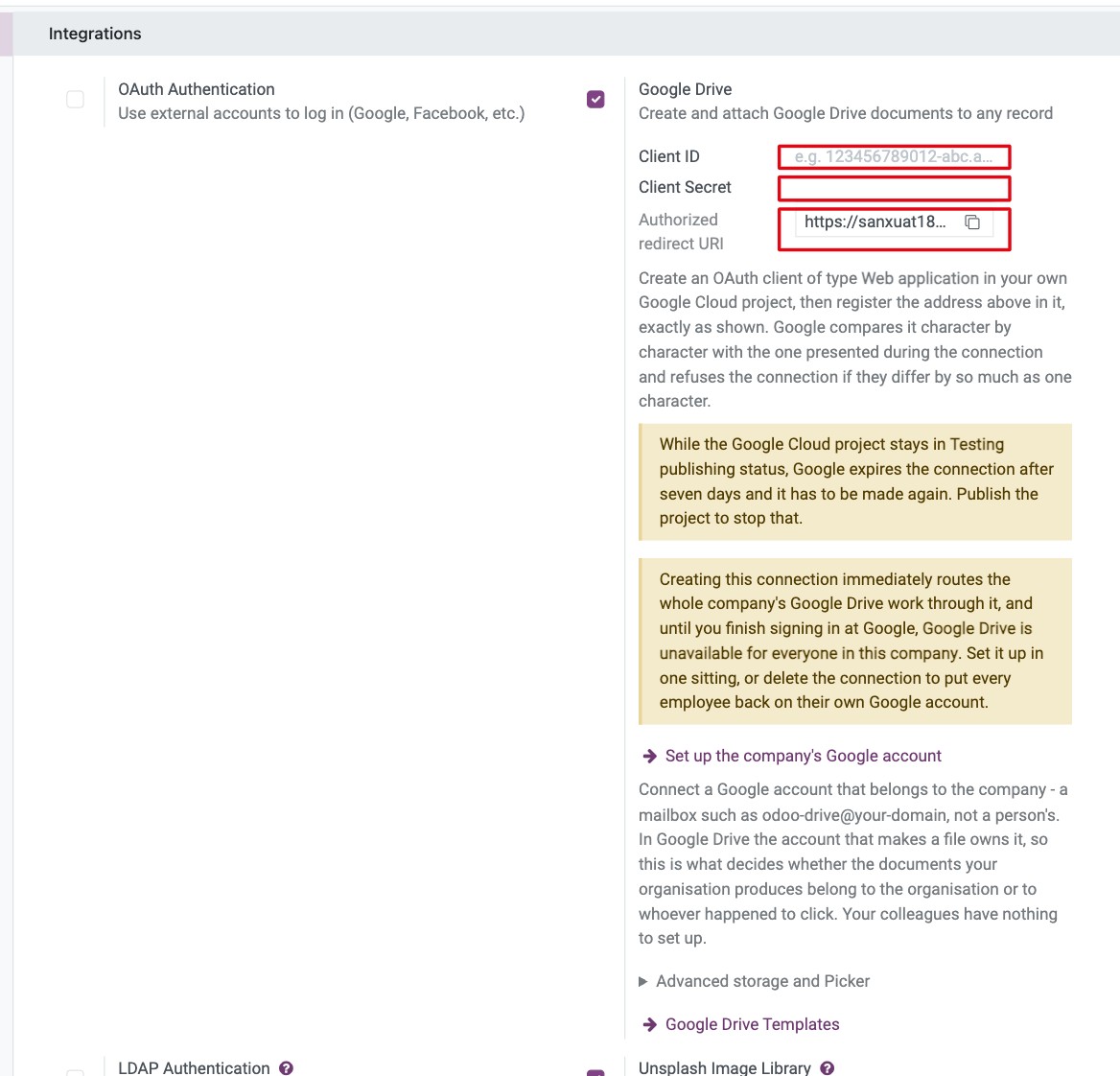Google Drive section of General Settings with Client ID and Client Secret