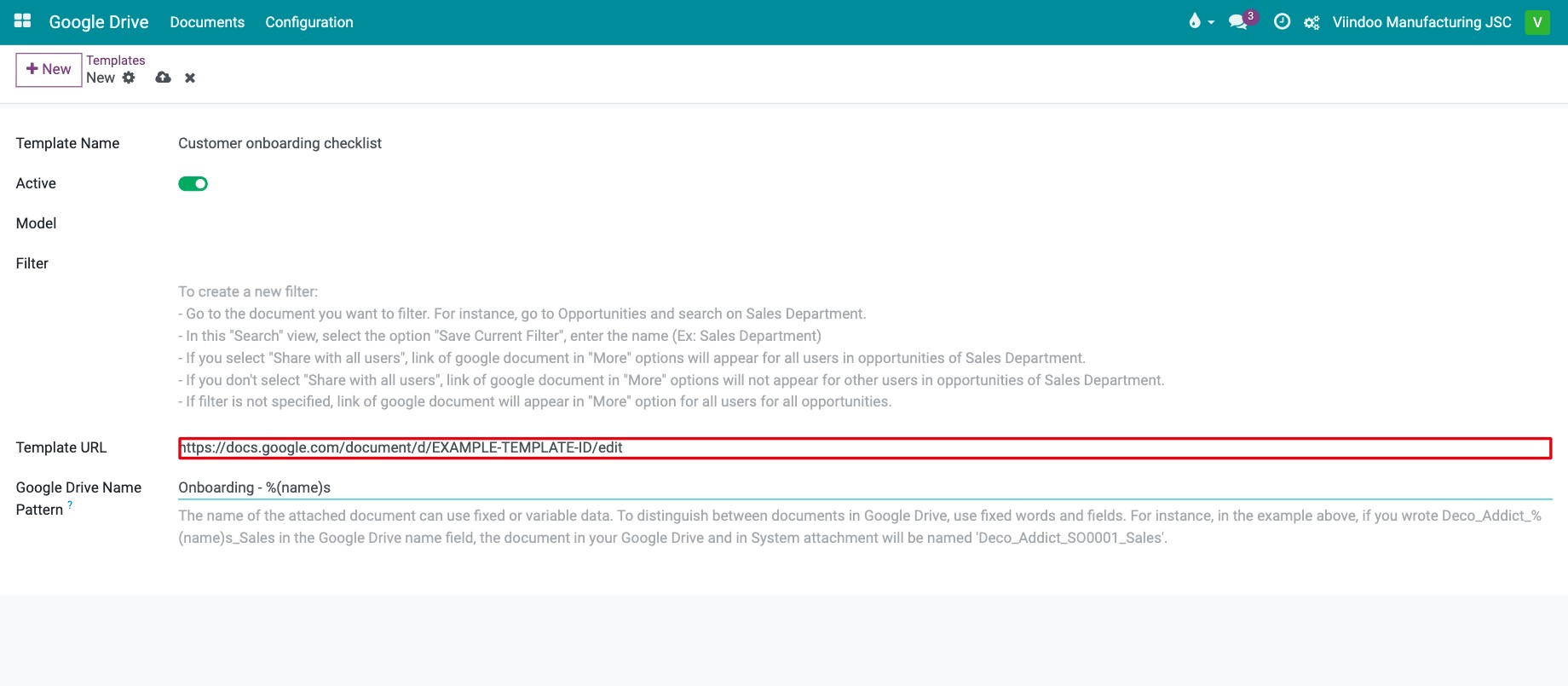 Google Drive template form with the template name, model, filter and URL