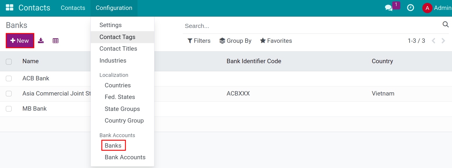 Set up a bank account from Contacts app Viindoo