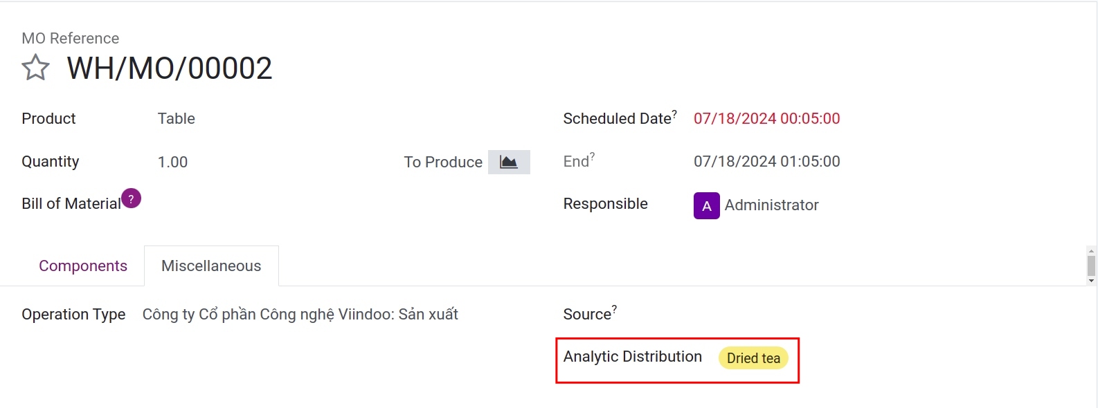 Analytic account in manufacturing orders Viindoo