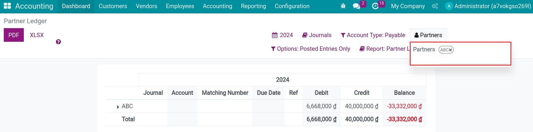 Balance of allocation of each partner - Viindoo Accounting