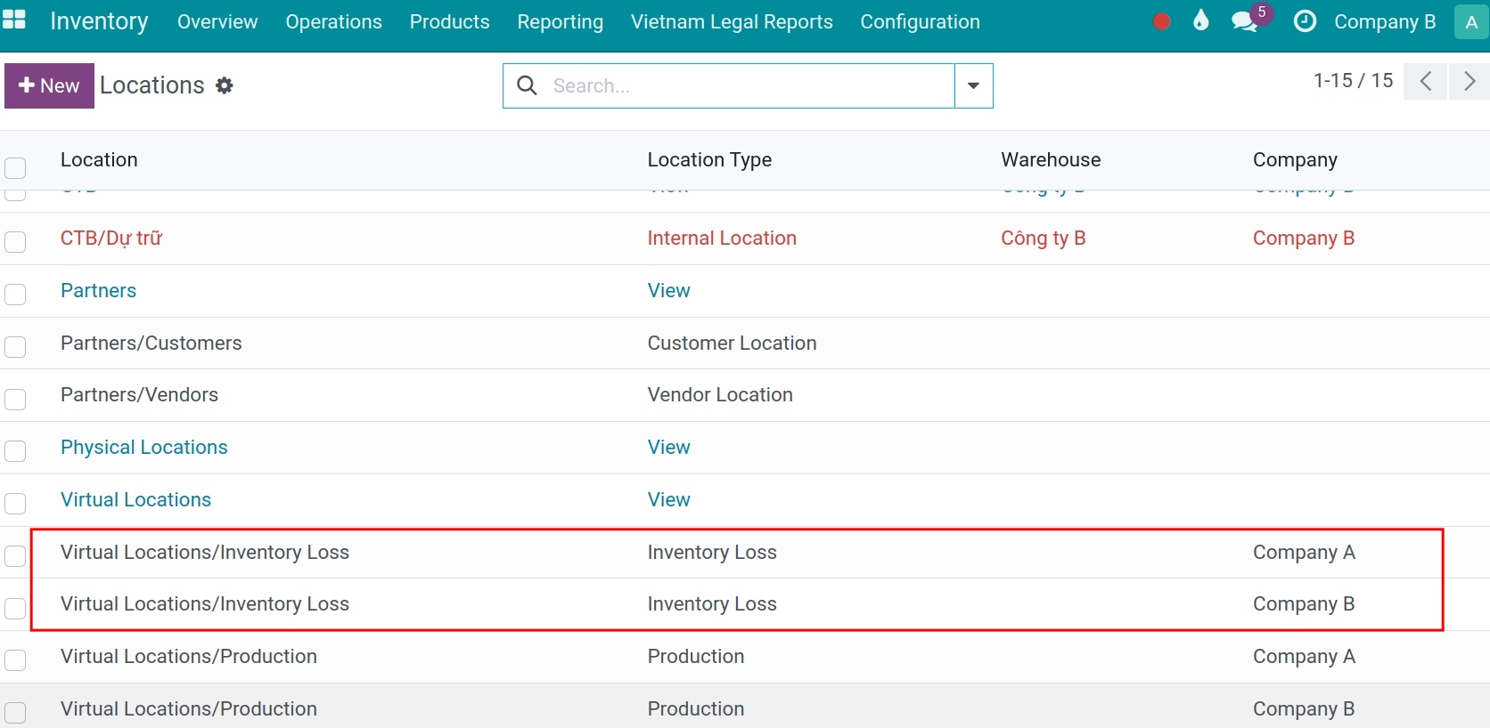 Select a storage location to configure the accounting information - Viindoo