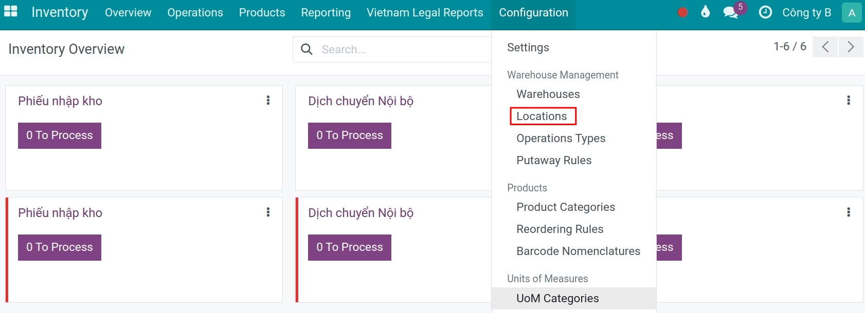 Navigation to storage locations list in Viindoo