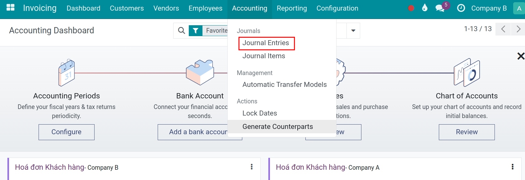 Navigation to journal entries list in Viindoo Accounting app