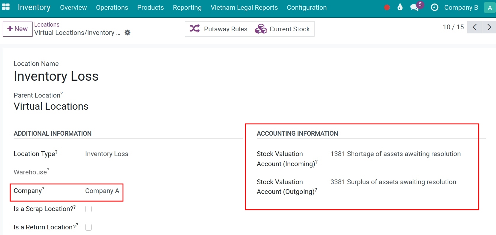 Configure accounting information for location A - Viindoo