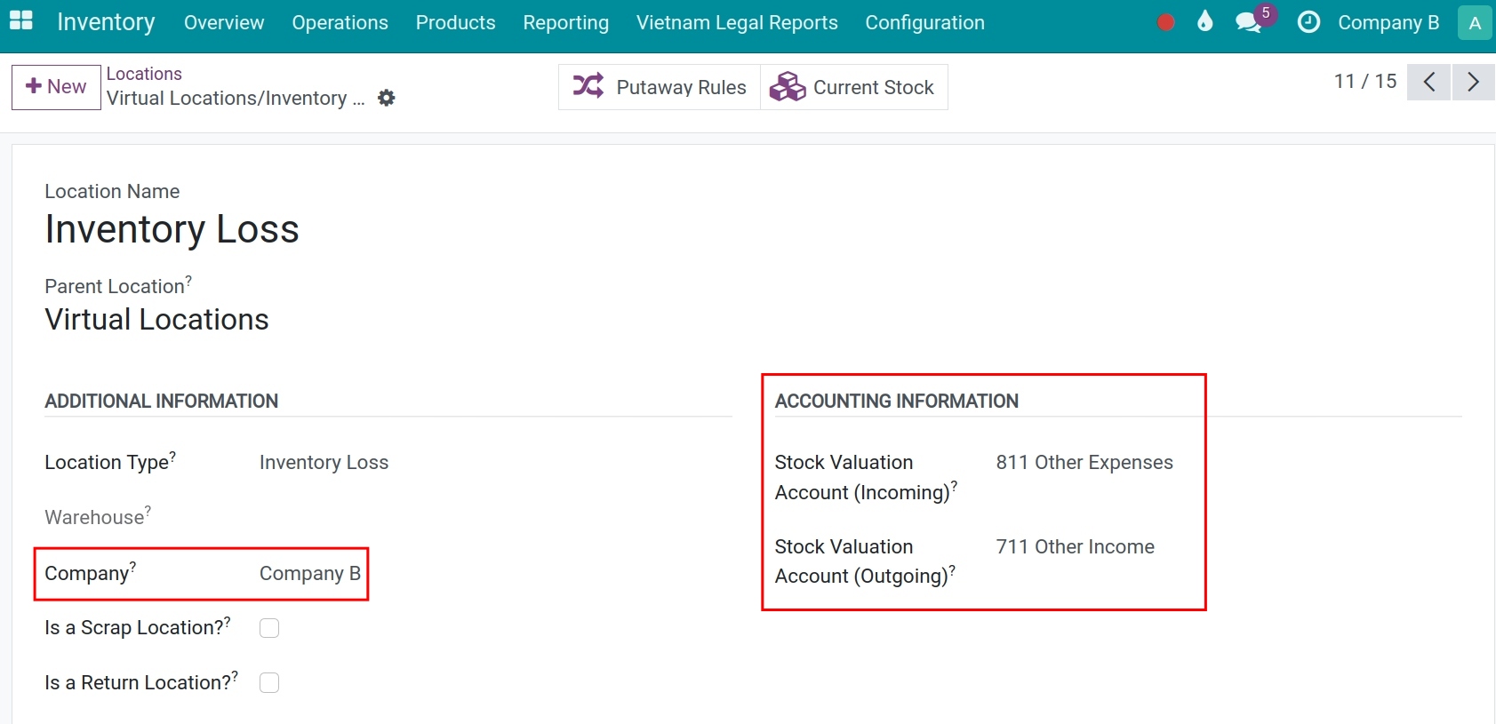 Configure accounting information for location B - Viindoo