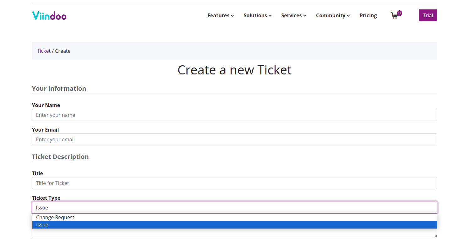 Ticket form with your information, title and ticket type