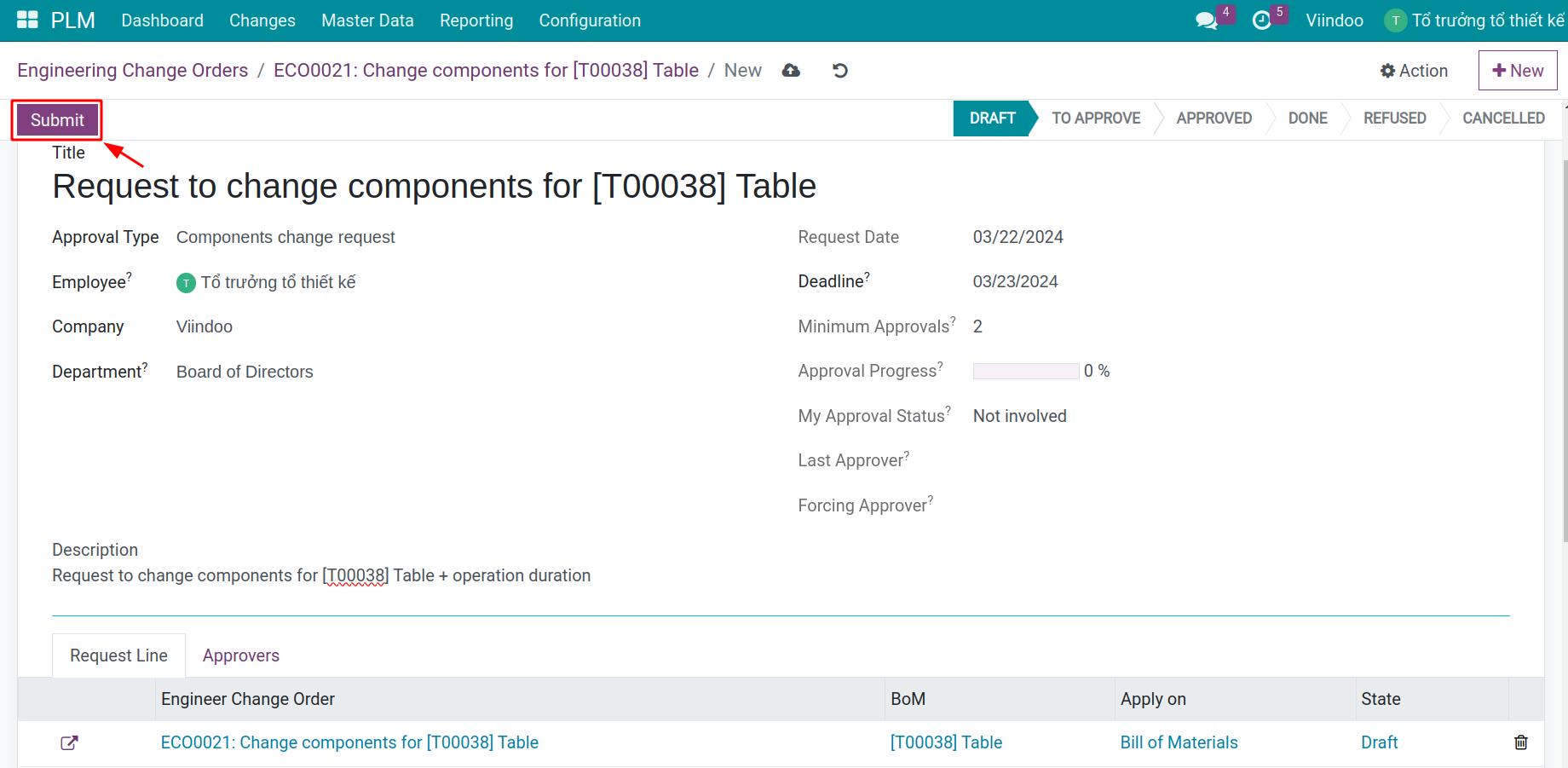 Apply for an ECO approval request in Viindoo