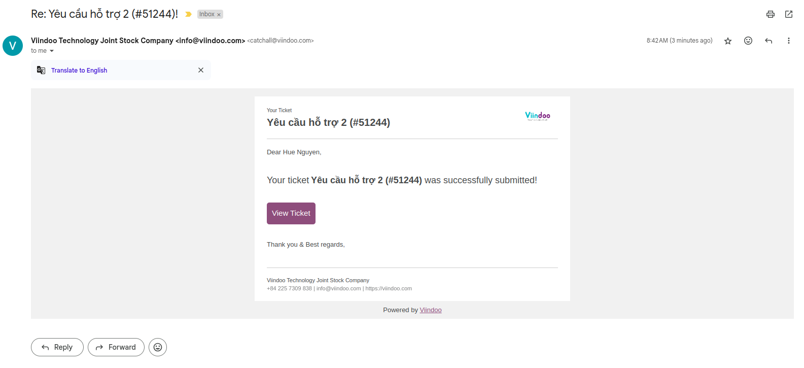 Confirmation email with the View Ticket button