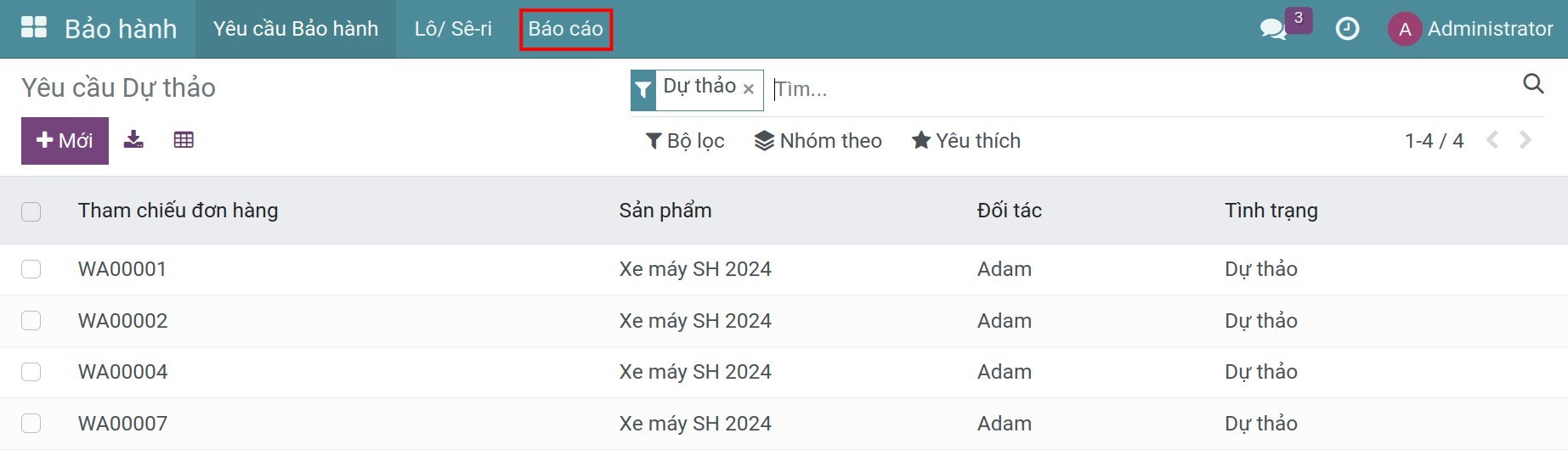 Xem báo cáo tại ứng dụng Bảo hành Viindoo