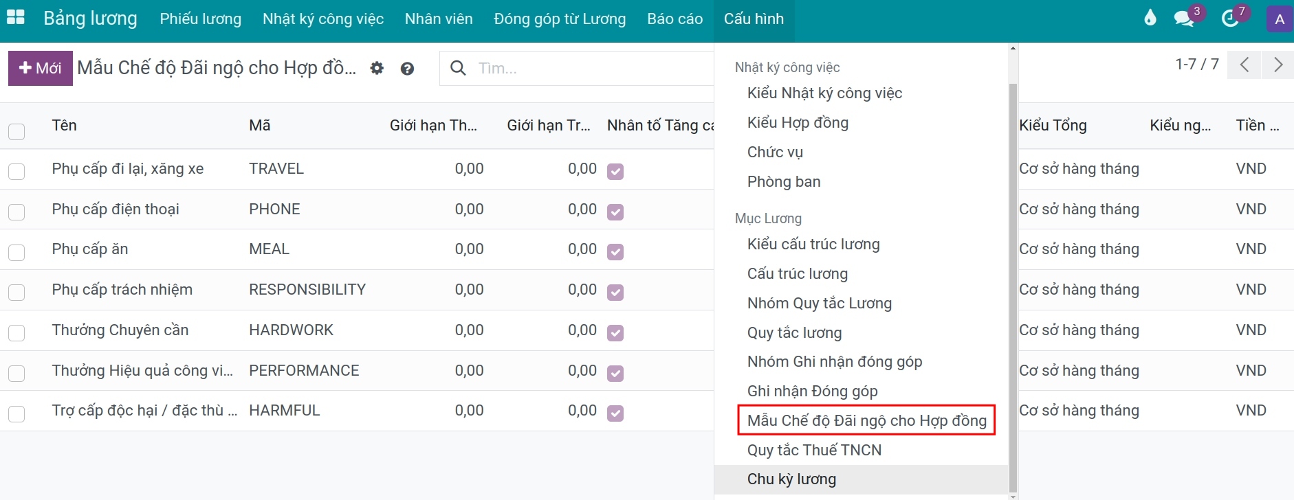Danh sách các mẫu chế độ đãi ngộ trong ứng dụng Bảng lương Viindoo