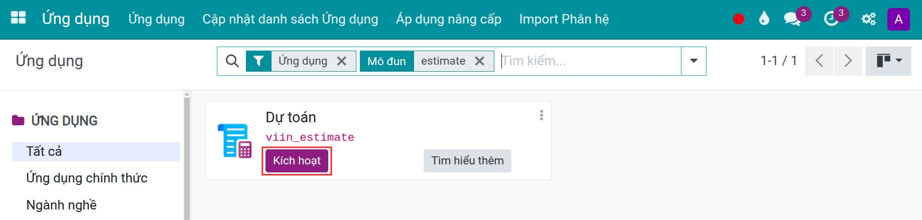 Cài đặt ứng dụng Dự toán trong Viindoo