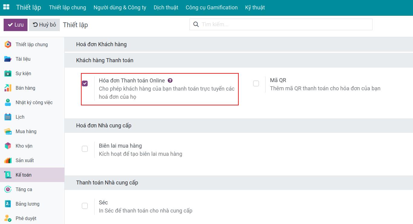 Kích hoạt tính năng thanh toán trực tuyến hóa đơn - Phần mềm kế toán Viindoo
