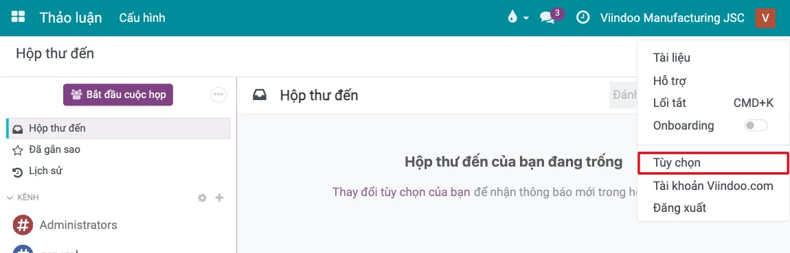 Mục Tùy chọn trong menu người dùng ở góc trên bên phải của Viindoo