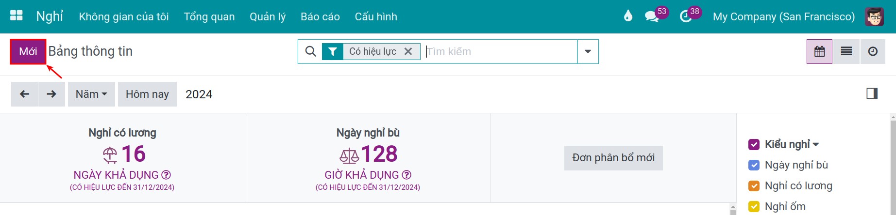 Tạo phiếu nghỉ tại bảng thông tin ứng dụng Nghỉ Viindoo