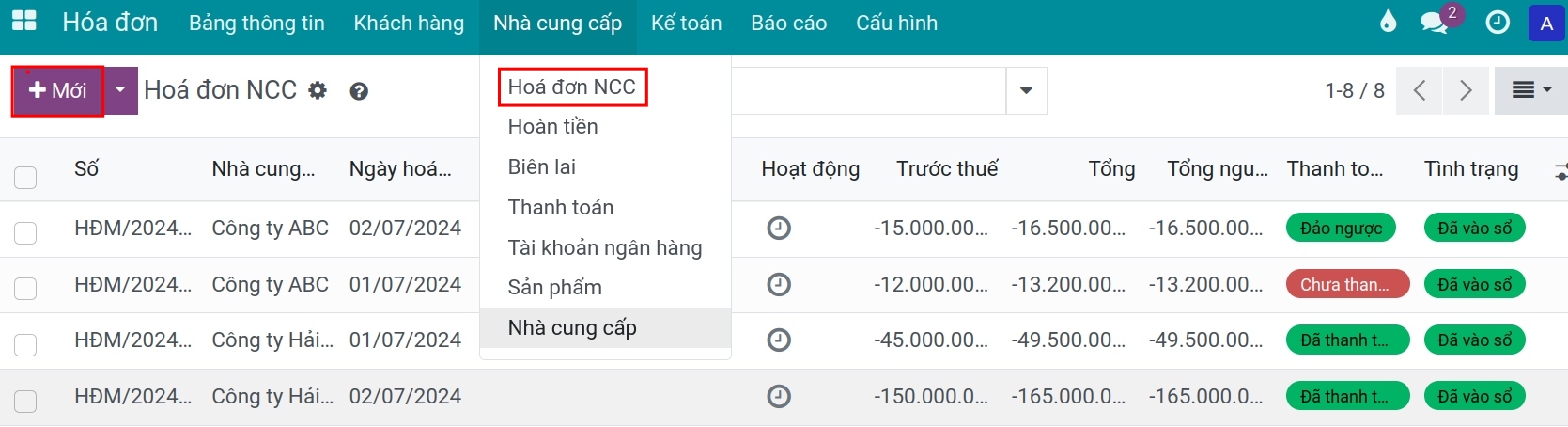Tạo hóa đơn Nhà cung cấp