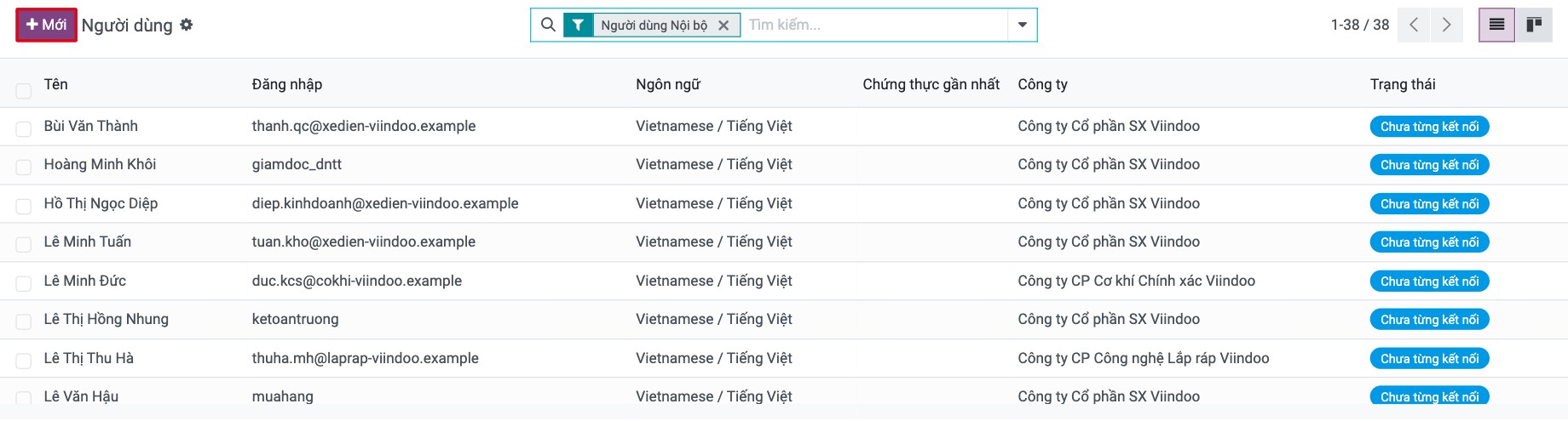Danh sách Người dùng trong Thiết lập Viindoo với nút Mới