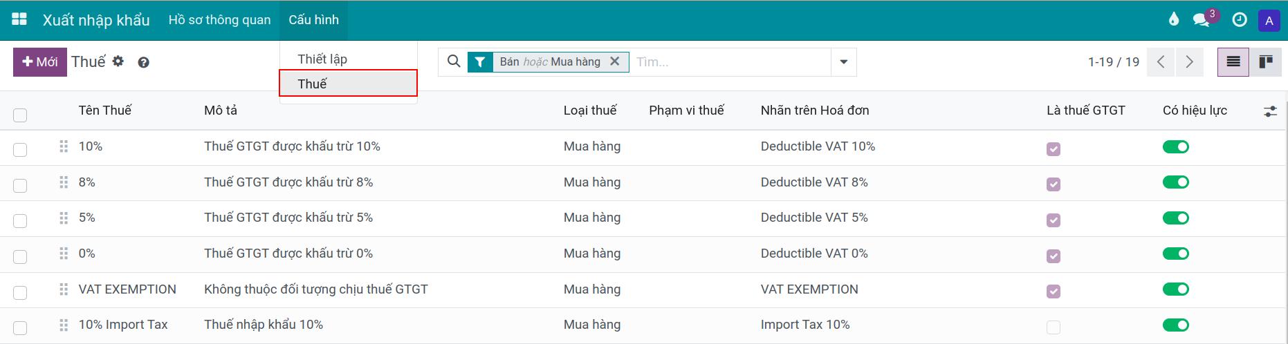 Tạo mới thuế nhập khẩu - Xuất nhập khẩu Viindoo
