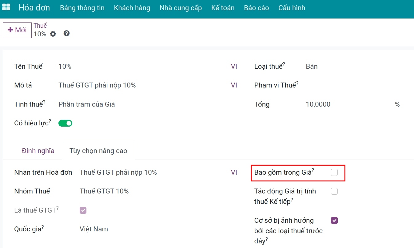 Thiết lập thuế không bao gồm trong giá - Viindoo Accounting