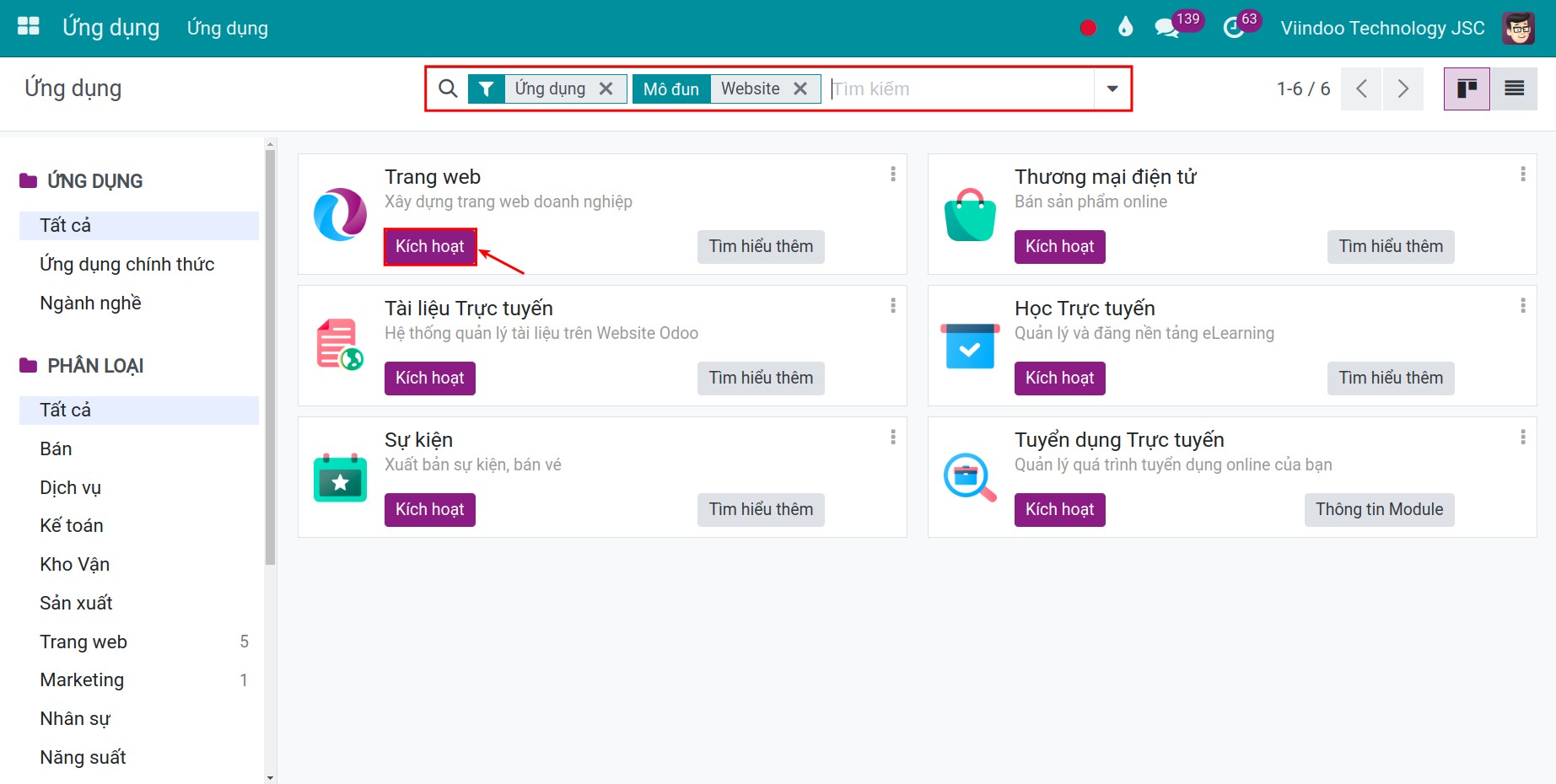 Cài đặt ứng dụng Viindoo Website