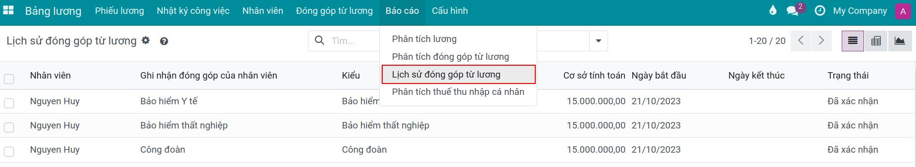 Xem báo cáo lịch sử đóng góp từ lương - Kế toán lương Viindoo