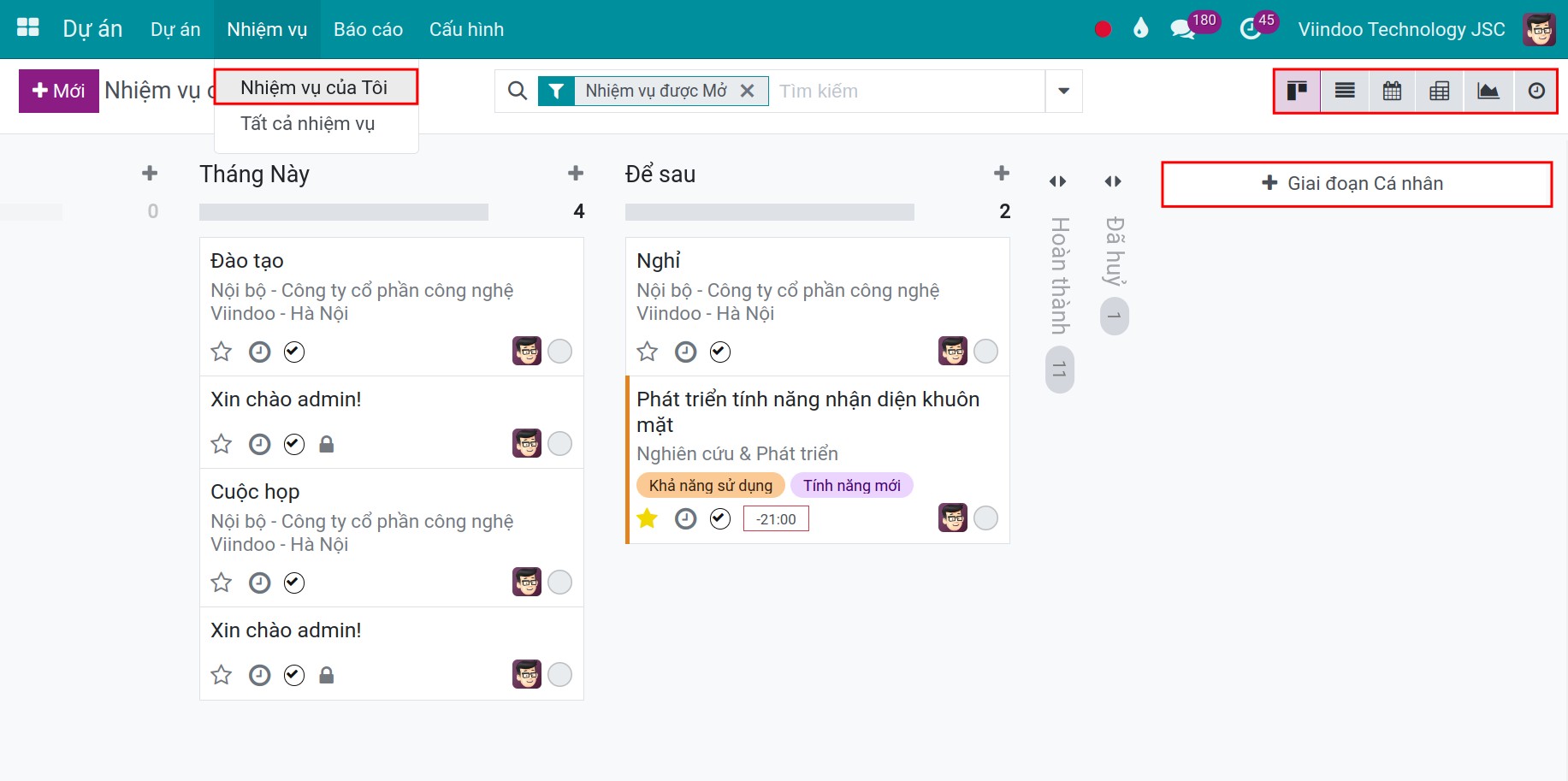 Menu Nhiệm vụ của tôi - Dự án Viindoo