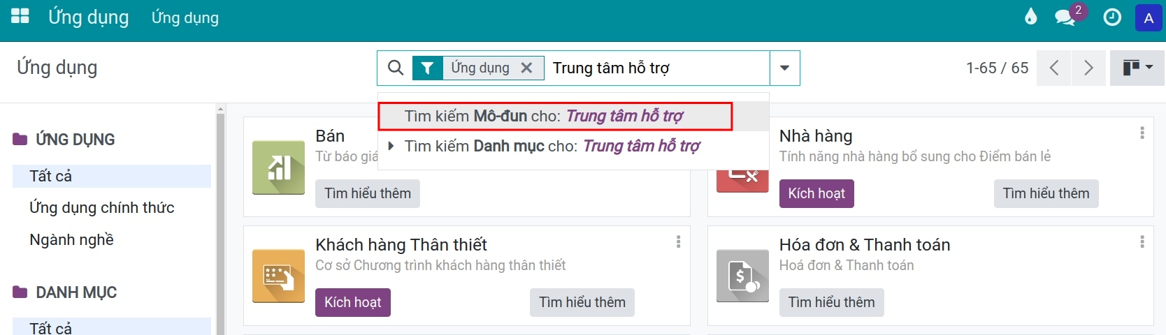 Tìm kiếm Ứng dụng Trung tâm Hỗ trợ Viindoo