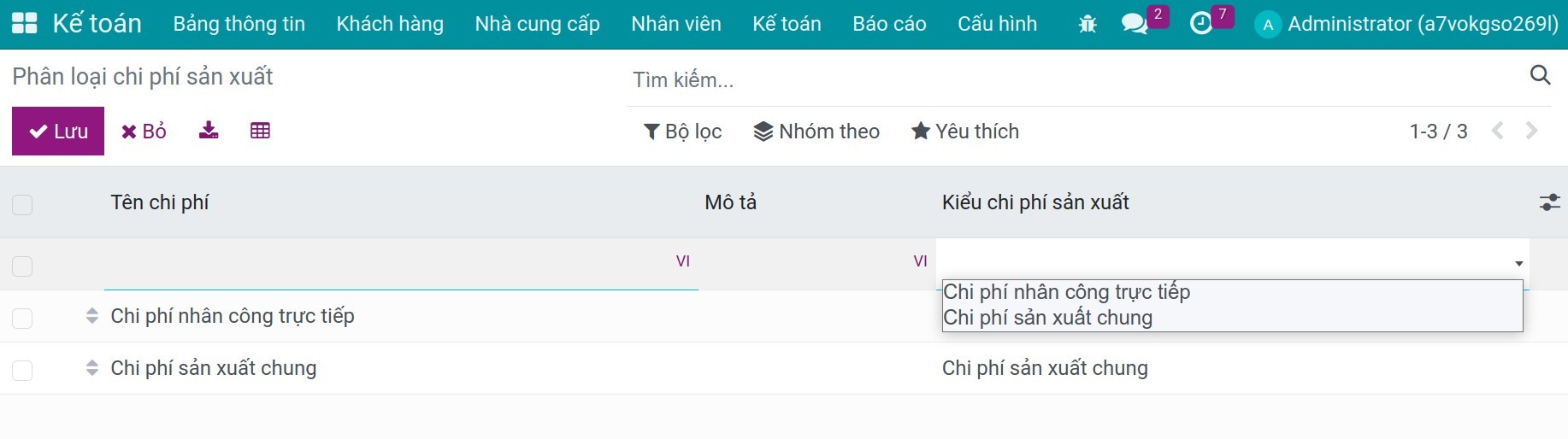 Chi tiết kiểu chi phí sản xuất