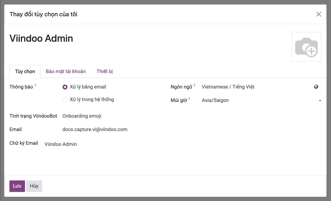 Tab Tùy chọn với Thông báo, Ngôn ngữ, Múi giờ và Chữ ký email