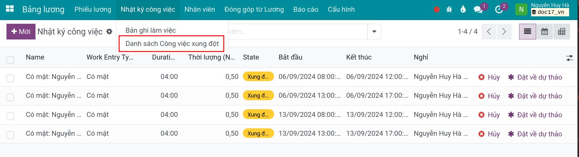 Danh sách nhật ký công việc xung độ
