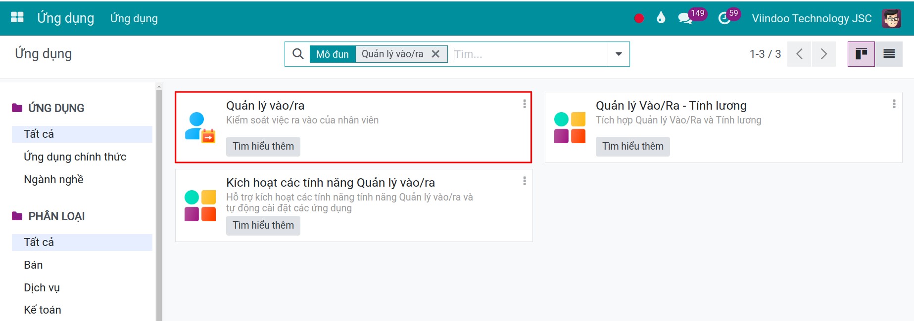 Module Quản lý vào ra được cài